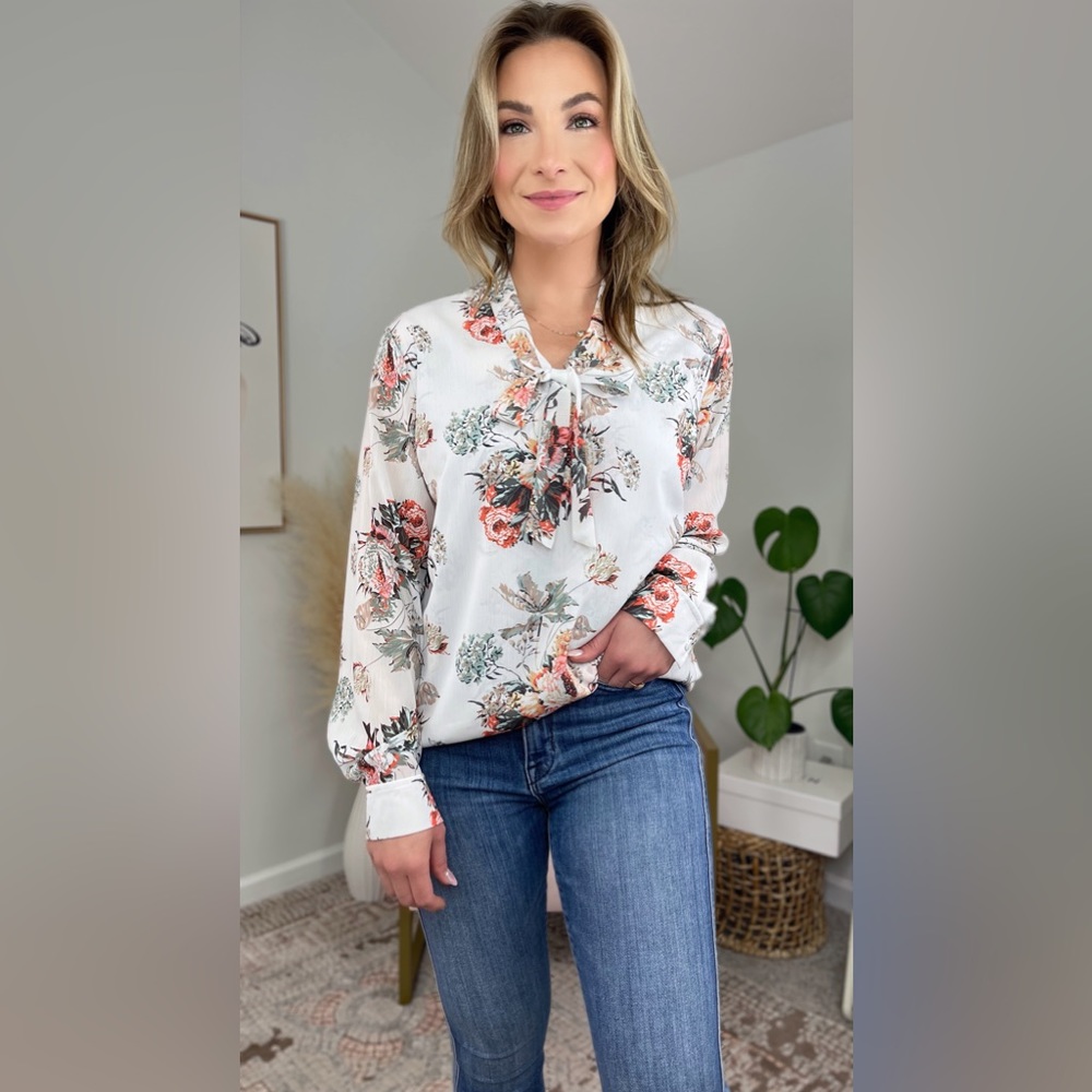 Amazon ACEVOG Chiffon Bow Tie Neck Long Sleeve Floral Blouse Small, White Floral